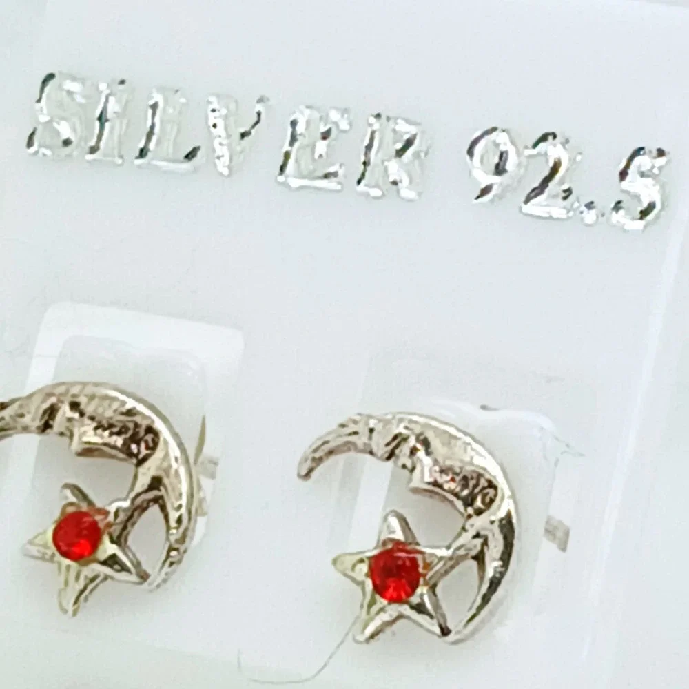 925 Sterling Silver Crescent Moon and Star Red Crystal‎ Stud Earrings Celestial